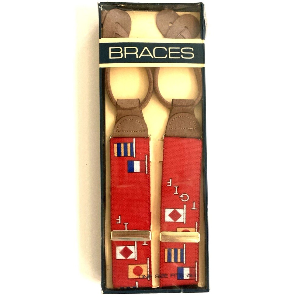 New Navy TGIF Mens Suspenders Braces Nautical Signal Flags Red Vintage